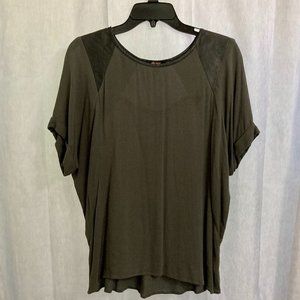 Flattering Sheer Rayon Blouse with Faux Leather Accents & Trim